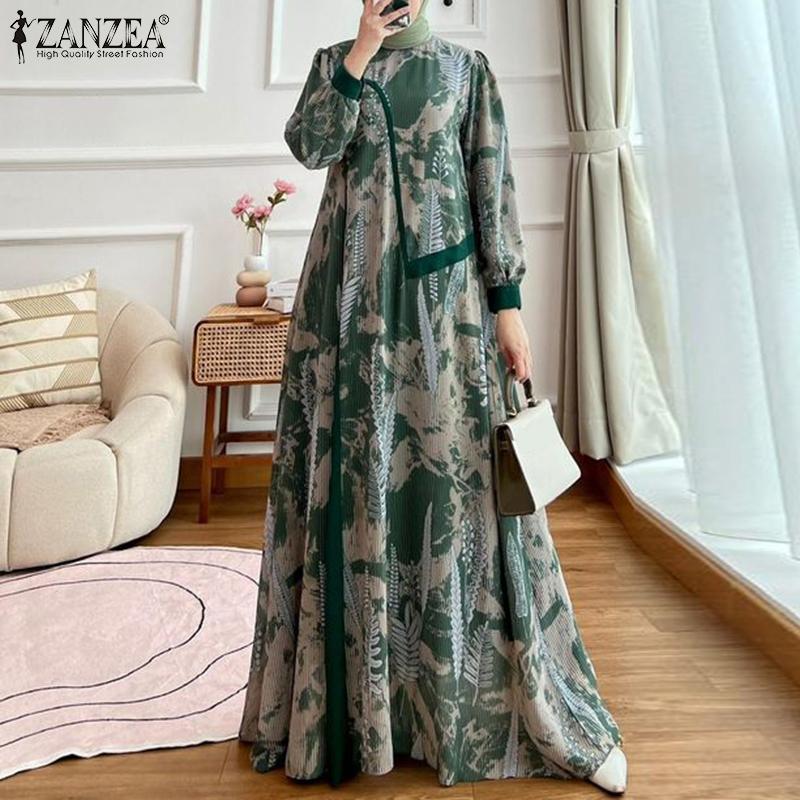

ZANZEA Женское повседневное длинное платье с круглым вырезом и длинным рукавом с принтом