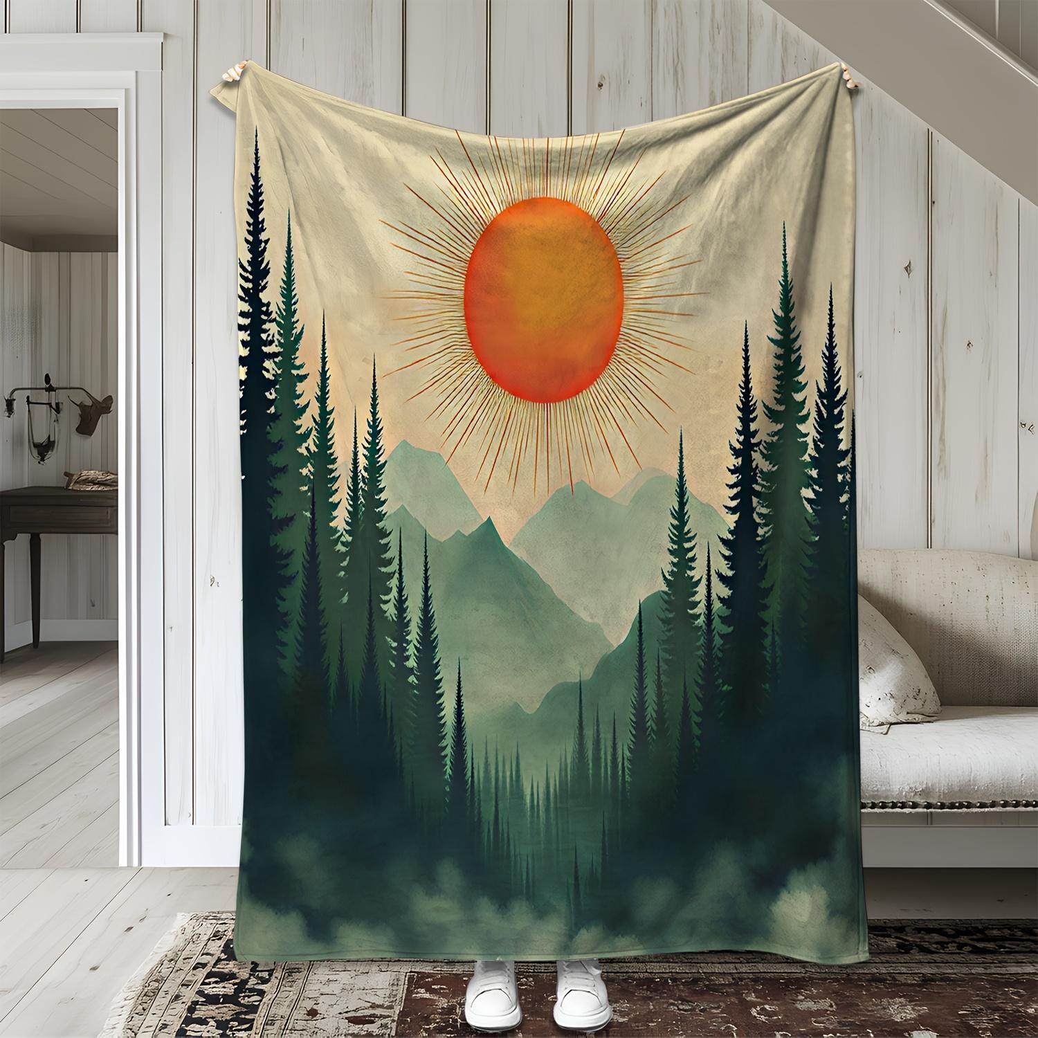 

Pine forest and mountain scenery pattern Flannel printed blanket suitable for all seasons for living room office sofa and travel 75x100cm (30x40inch)