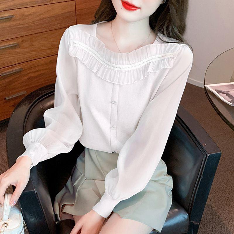 Sweet Fashion Spring Autumn New Women's Solid Square Collar Lace Patchwork Button France Chic Long Sleeve Chiffon Shirt Tops