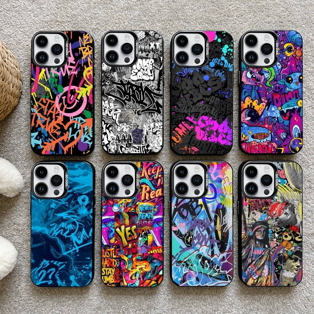 Cool Colorful Graffiti Phone Case For iPhone17, 16,15,14,13,12 Pro Max Black Candy Matte Shockproof Cover
