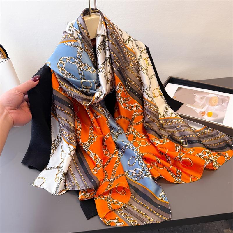 New Printed Imitation Silk Brocade Fashion Sunscreen Magic Chain Silk Scarf Long Scarf Shawl Versatile Headscarf Scarf