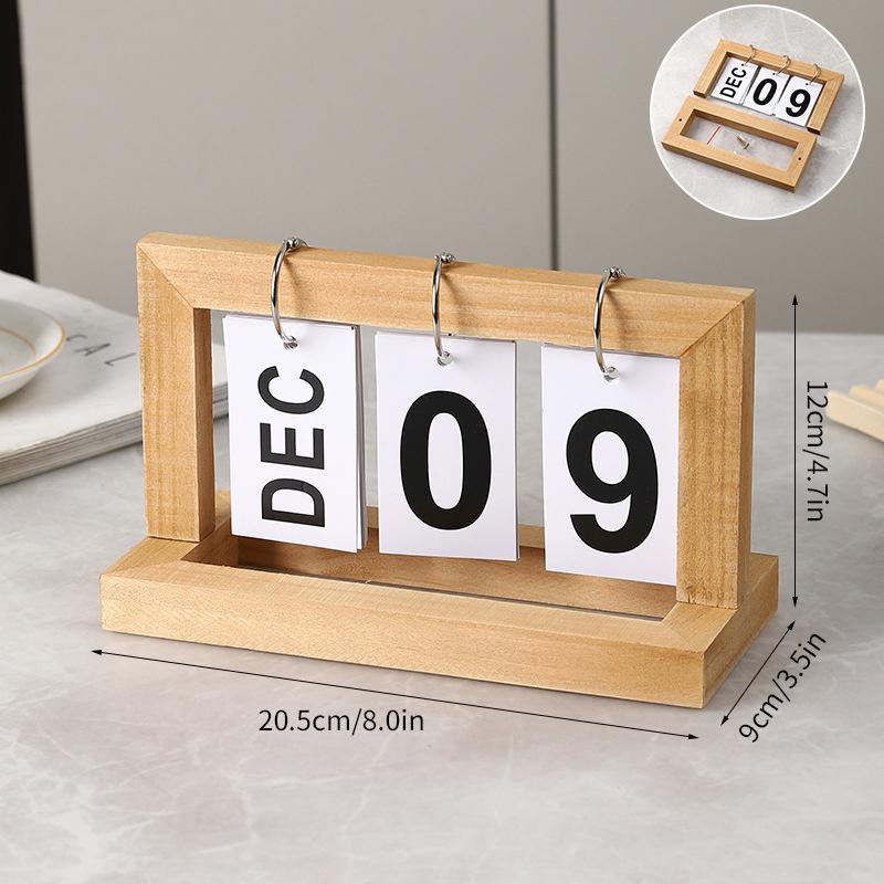 Wooden Perpetual Flip Calendar Simple Minimalist Design Desktop Ornament for Home Study Dorm Office Desk Decor