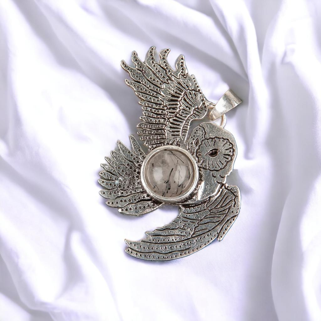 925 Sterling Silver Multi Gemstone Owl Designer Good Luck Jewelry Pendant 1.3" CP-16