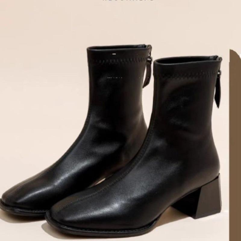 New Style Women's Thick Heel Medium Heels Boots Women's Winter Square Toe Back Zipper Increased Casual Short Boots Zapatos Mujer