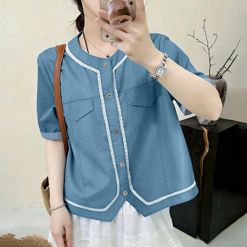 ZANZEA Women Summer V-Neck Splice Lace Casual Short Sleeve Blouse M синий