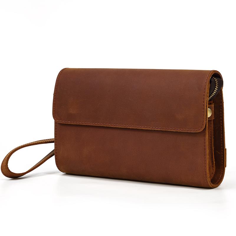 Genuine Leather Clutch Bag Of Men Male Long Hand Bag Crazy Horse Leather Day Clutches For 6" Cell Phone With Wrist Belt