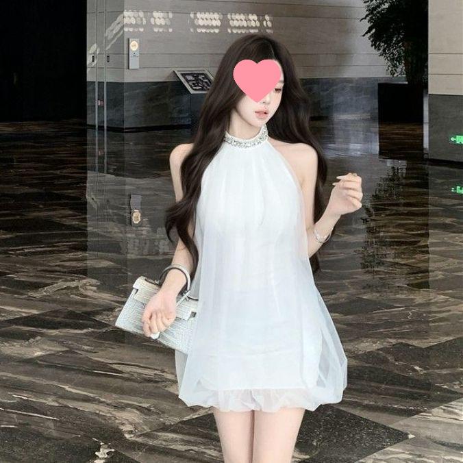 Rhinestone Halter Sleeveless A-line Mesh Dress - Women s White Summer Mini Skirt 2026 S белый
