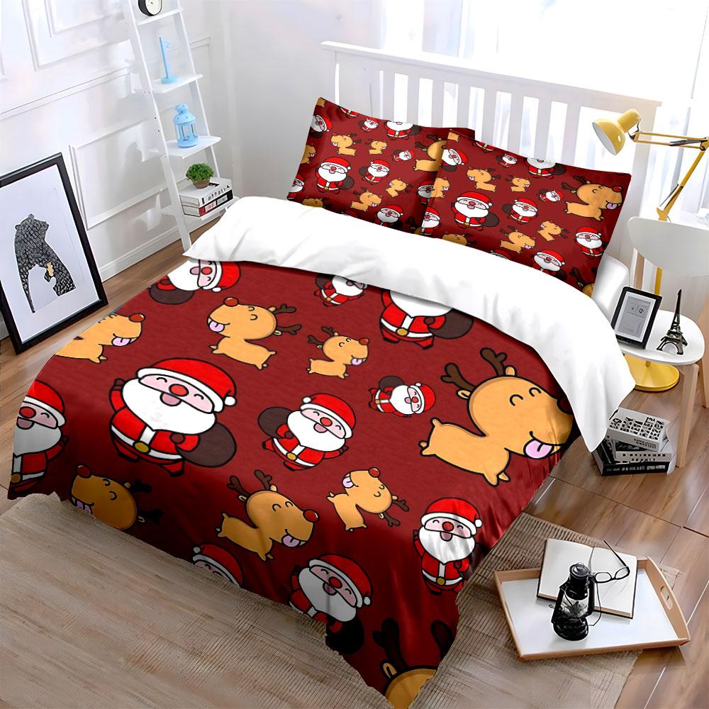 Santa and Reindeer Pattern Bedding Duvet Cover Set Duvet Cover Pillowcases  (1*Duvet Cover 2*Pillowcases, Without Duvet Insert)