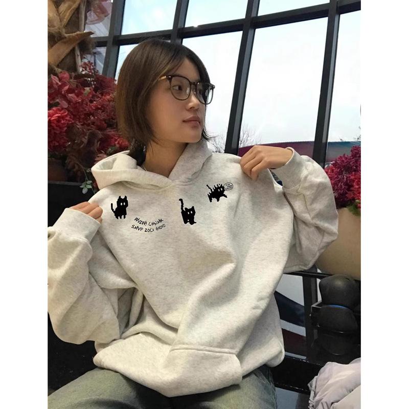 Hooded sweater American printed women s autumn and winter new heavy fleece thickened men s loose versatile pullover M