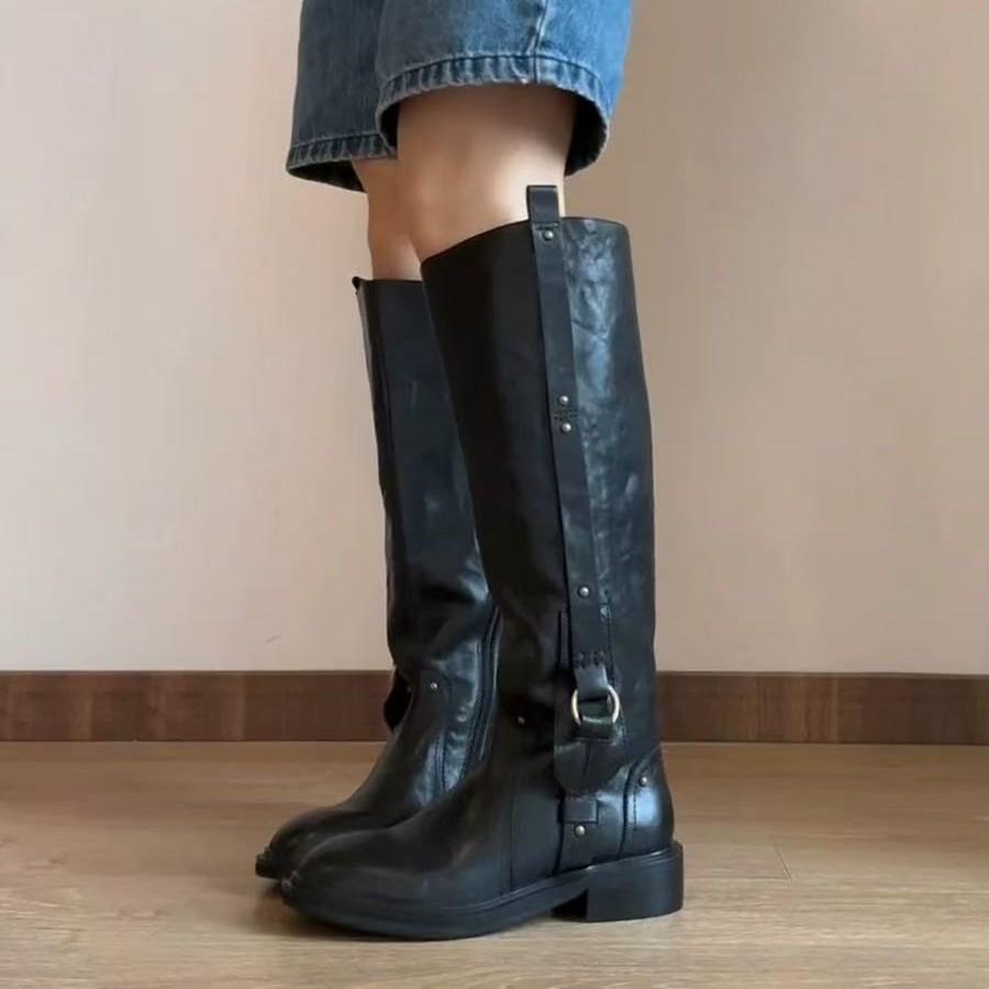 Cowhide version~ Heroic but knee high boots women's knight boots round head thick heel 2025 autumn and winter Martin boots
