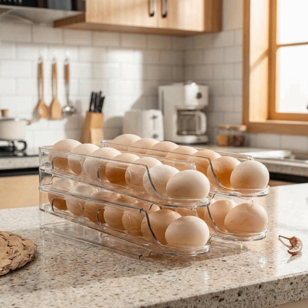 2PCS Stackable Automatic Slide Egg Storage Box Plastic Eggs Holder  Refrigerator Side Door