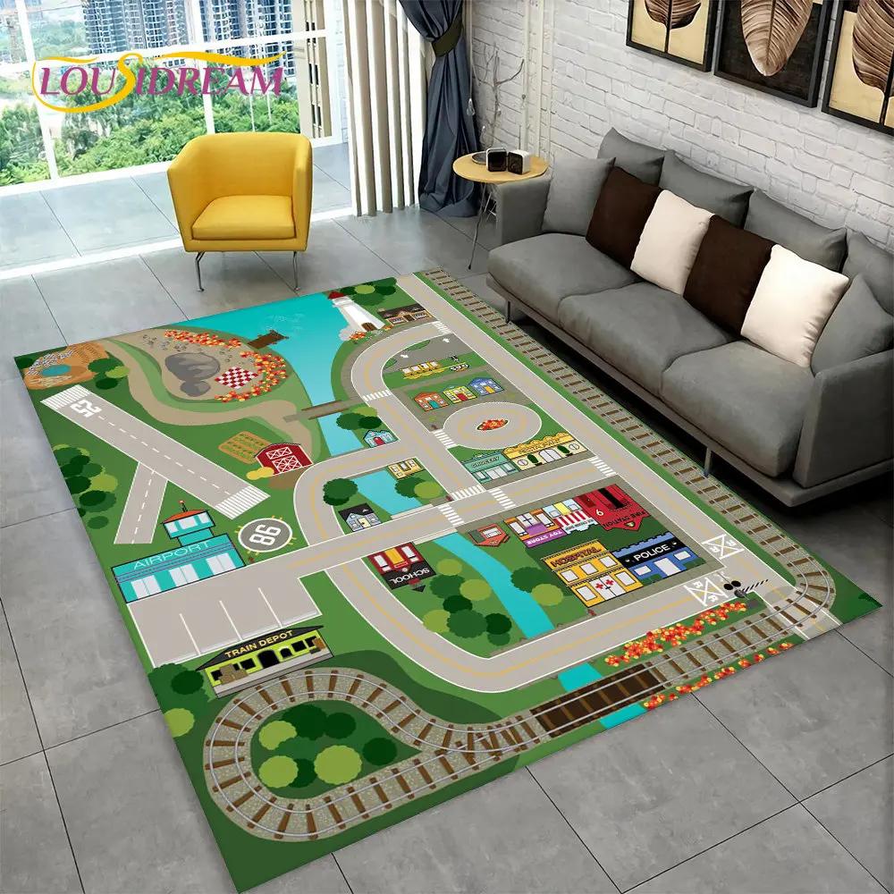 Highway City Traffic Cartoon Area Rug,Carpet Rug for Living Room Playroom Children's Bedroom Decor,Kid Game Non-slip Floor Mat