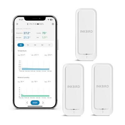 INKBIRD ITH-11-B 3-Piece Set: Bluetooth-Enabled Waterproof Thermometer and Hygrometer, High Accuracy, Battery Included, Wireless Data Logger for Indoo