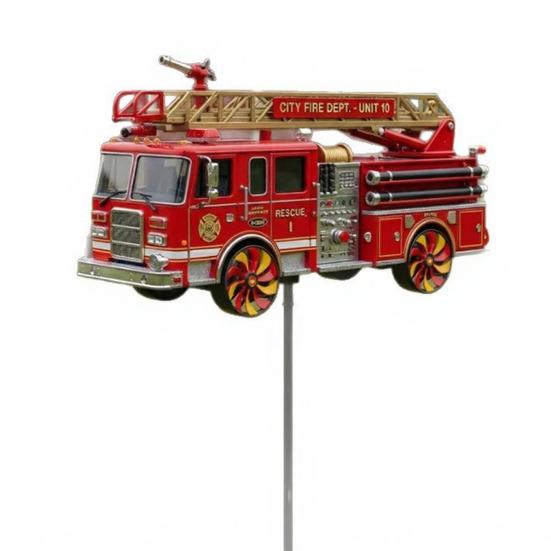 Firetruck Garden Wind Spinner Metal Wind Spinner with Ground Spike Outdoor Firetruck