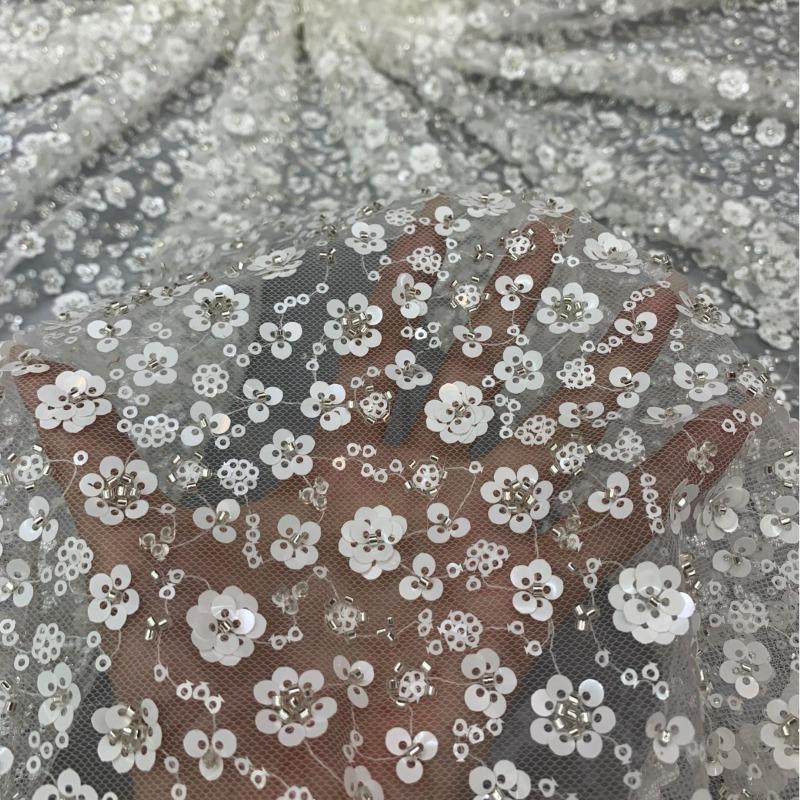 1/3/5Yard Small Plum Blossom Sequined Embroidery Fabric African Beaded Lace Fabric for Sewing Nigerian Wedding Party Lace Fabric