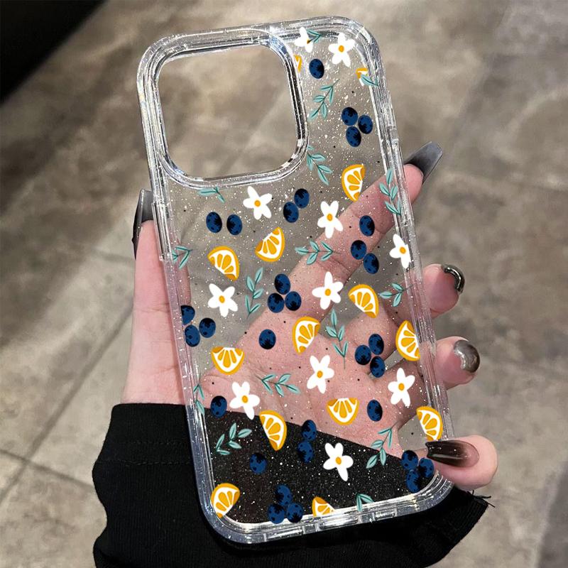 Transparent Blueberry Lemon Floral Phone Case for iPhone 17 Pro Max Air 16 15 14 13 12 11 Pro Max 7 8 Plus XS XR X Glitter Cover