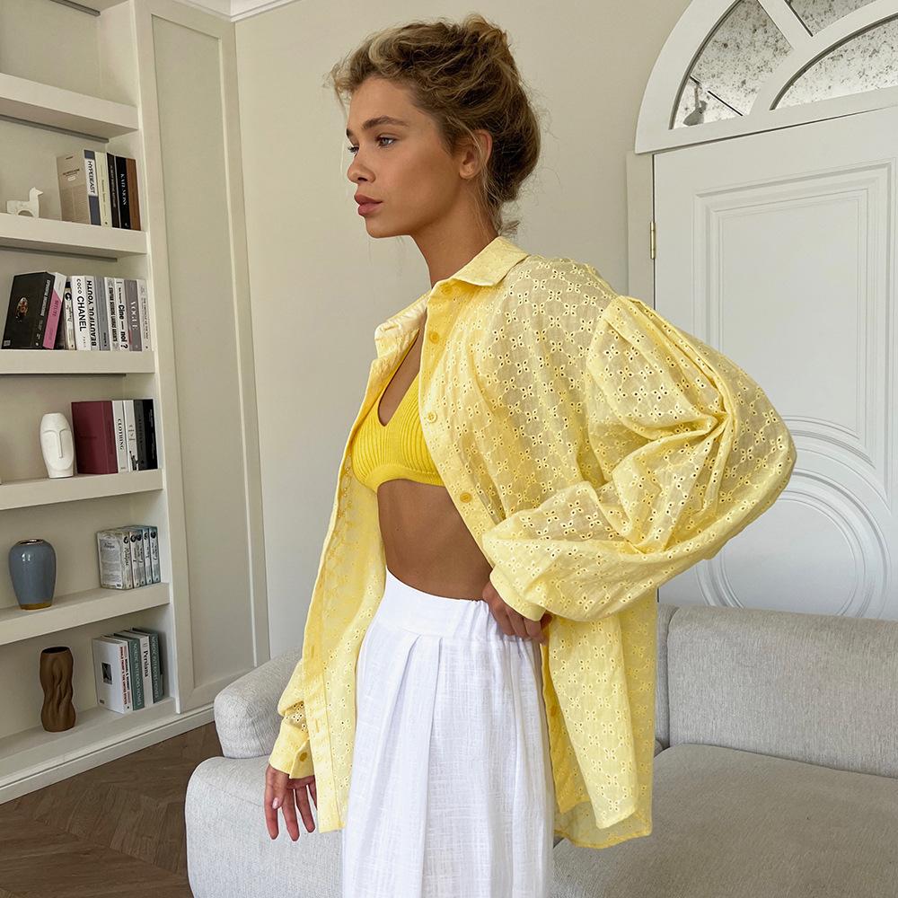 GMXIA Women's Lantern Sleeve Jacquard Shirt Spring Temperament Versatile Polo Collar Small Hollow Design Shirt