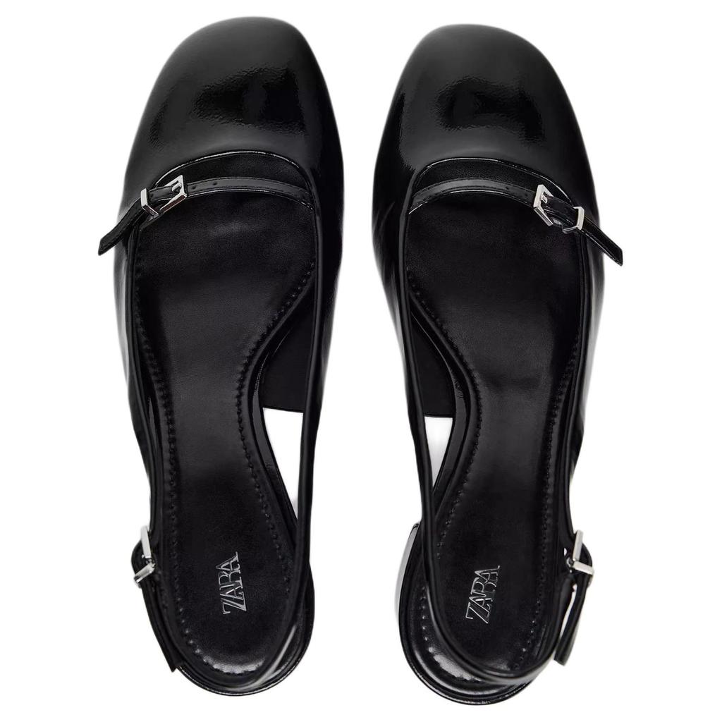 Zara New Year Collection Pu Comfortable Versatile Color Block Buckle Decor Thick Heeled High Heels 7Cm Women High Heels Black 12800510