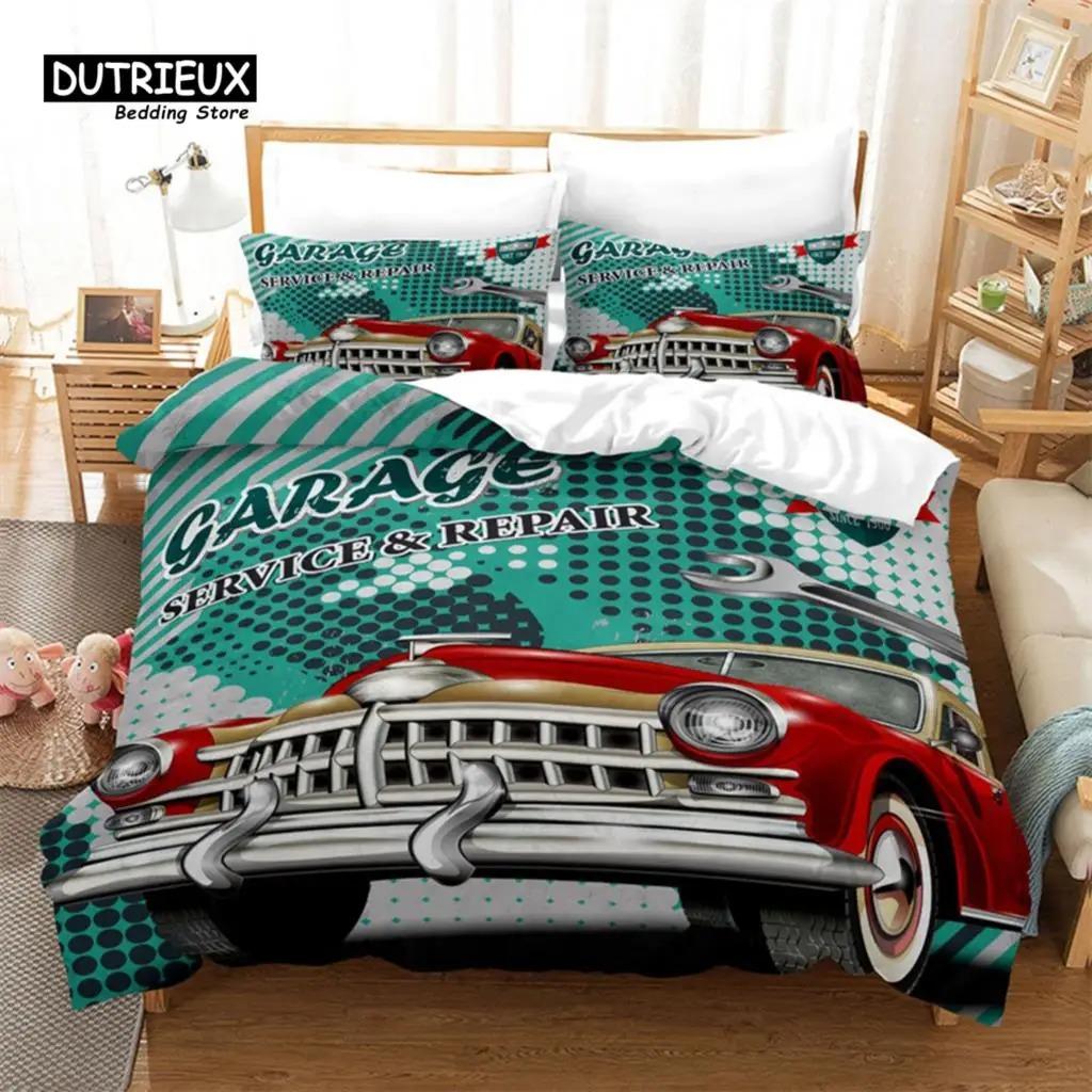 Retro Auto Bettbezug Full Vintage Autos Bettwäsche Set Stadt Gebäude Bettdecke Bezug Kissenbezüge Für Kinder Jungen Teenager Schlafzimmer Dekor