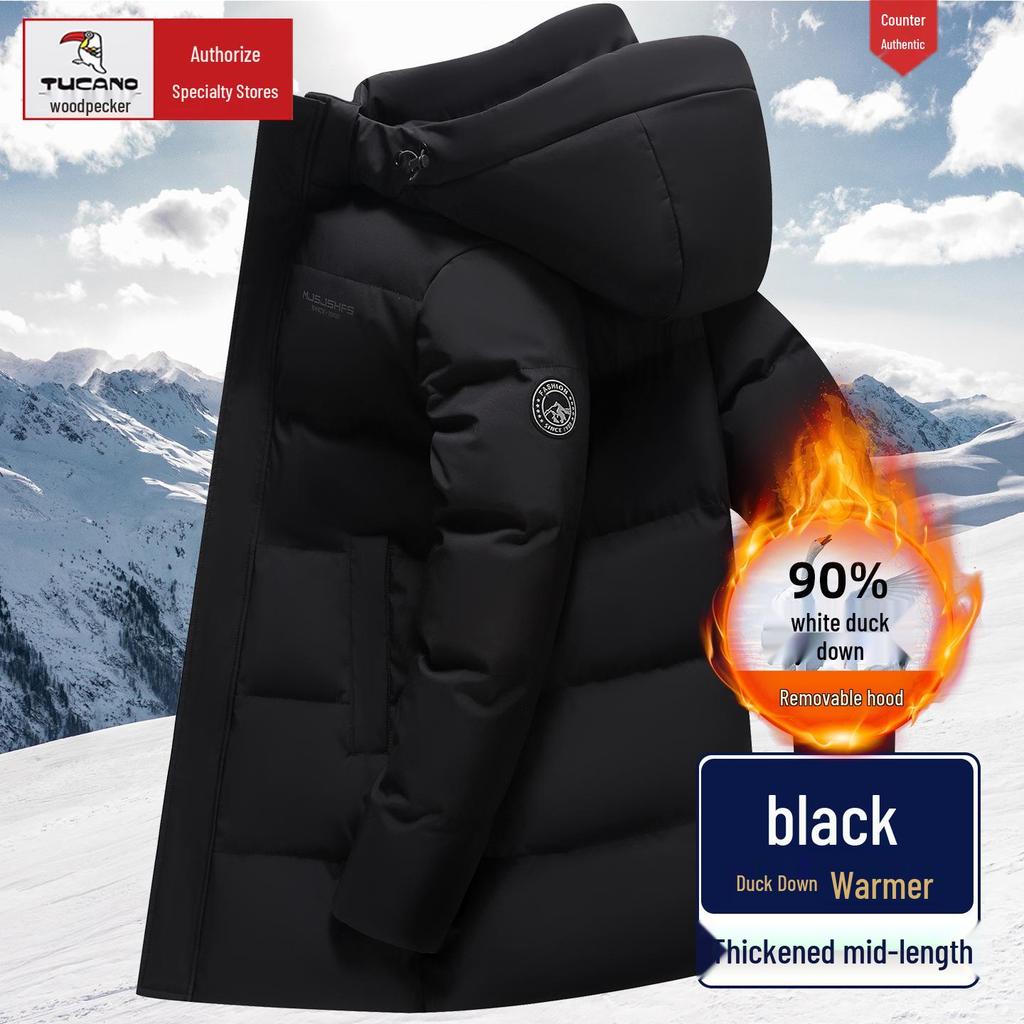 Męska zimowa kurtka puchowa Woodpecker o średniej długości - Pogrubiona, ciepła odzież wierzchnia dla osób w średnim wieku i starszych