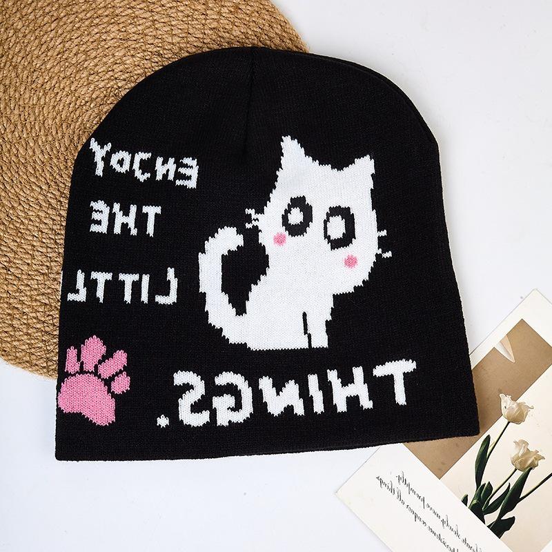 European & American Trend Jacquard Knit Hat - Cute Cat Cartoon Wool Beanie, Simple & Versatile Design