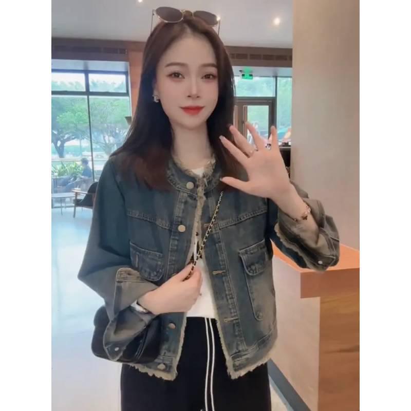 Damen Retro Jeansjacke mit Stehkragen - Gewaschen, Lockere Passform, Ausgefranstes Design für Frühling & Herbst