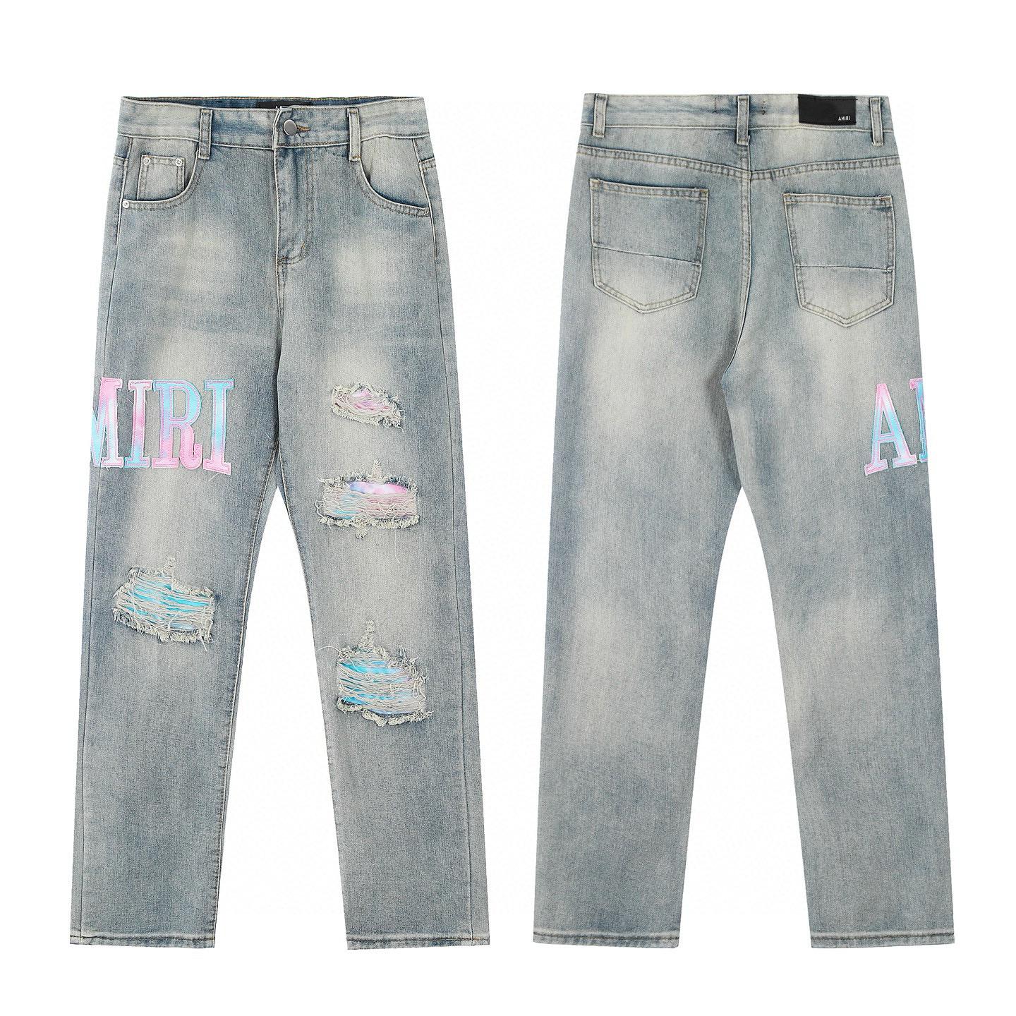 

M33 Amiri Men s and Women s American Style Trendy Jeans with Fabric Patches, Holes, Embroidery, Casual and Fashionable High Street Pants 32