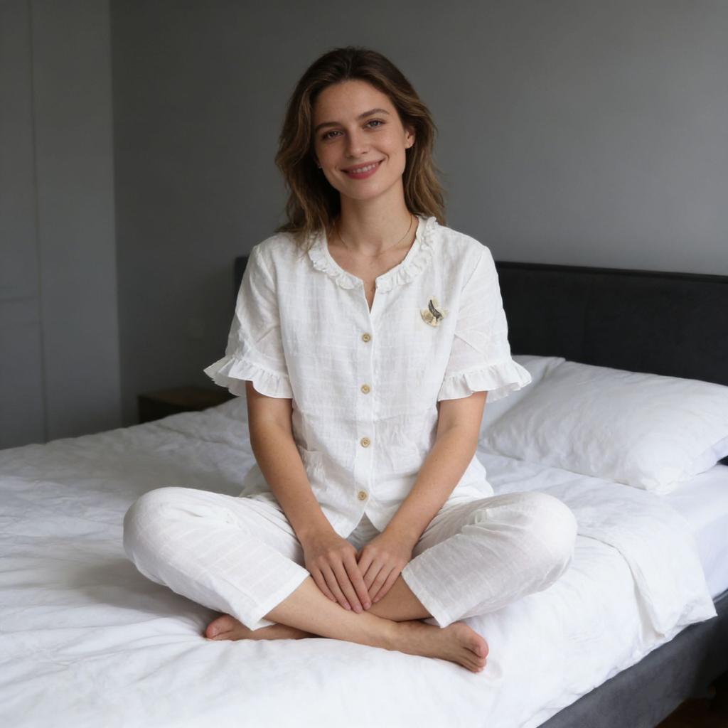 Sleepwear Women's Summer Lightweight Frilled Cardigan Short-sleeved Pants Set - Sweet and Loose, Suitable for Wearing Outside As A Home Outfit