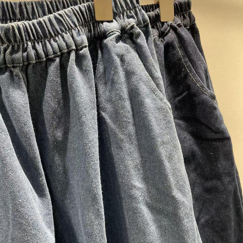 Haftowane Jeansy Szerokie Nogawki z Elastyczną Talia w Stylu Mori Girl dla Kobiet