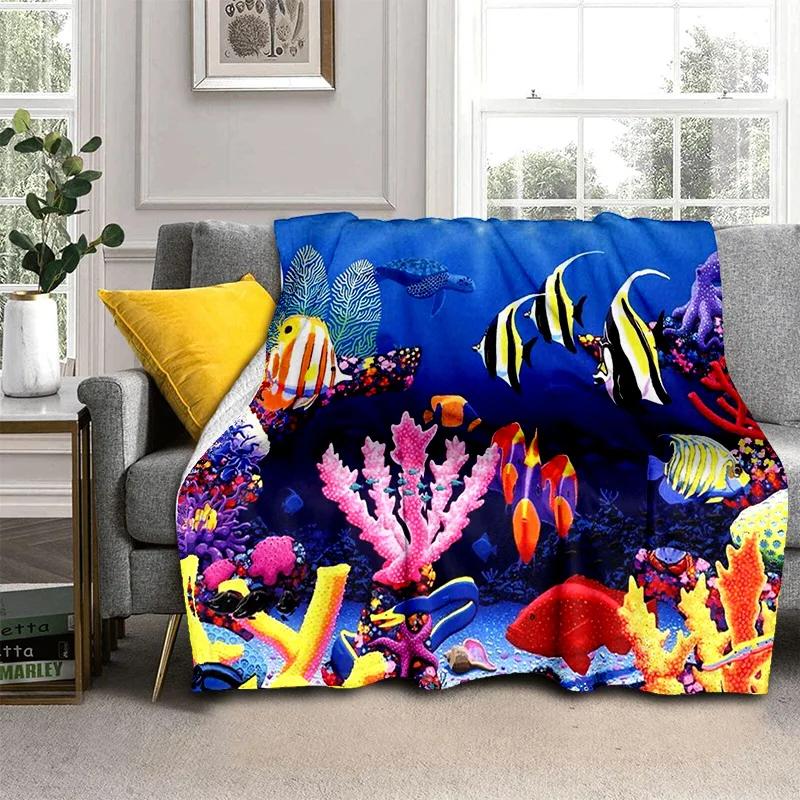 3D Underwater World Seabed Cartoon Blanket,Soft Throw Blanket for Home Bedroom Bed Sofa Picnic Travel Office Cover Blanket Kids