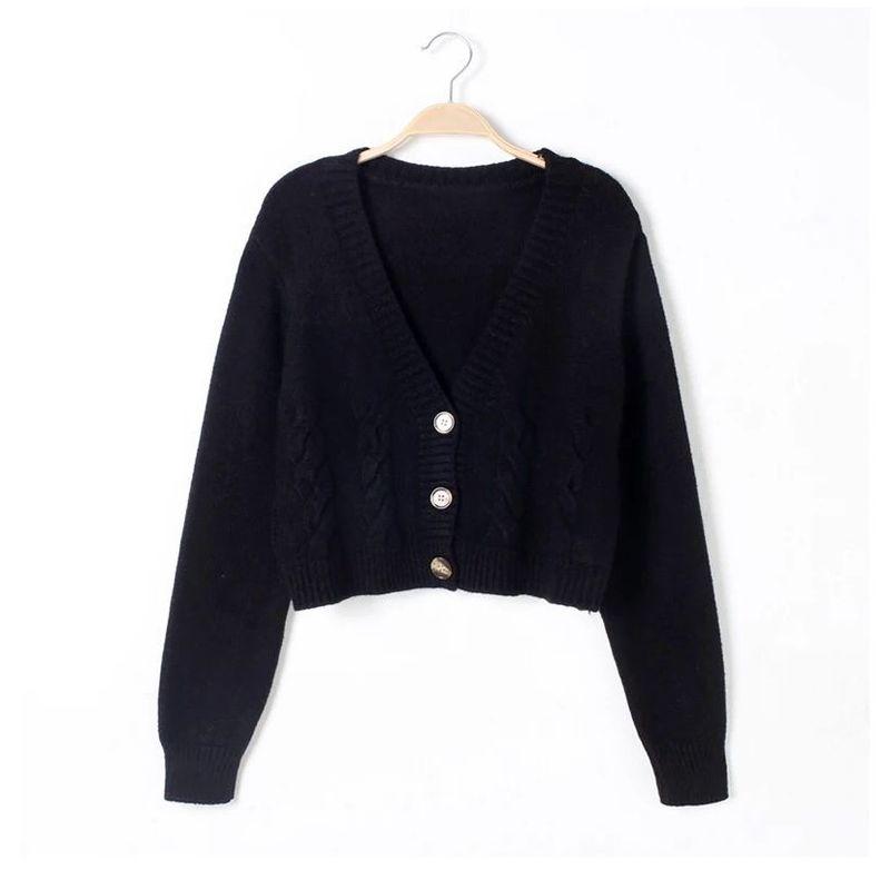 

Slim Fit V-neck Cardigan Solid Color Jacketv Collar Cardigan Pure Color Outwear black One size