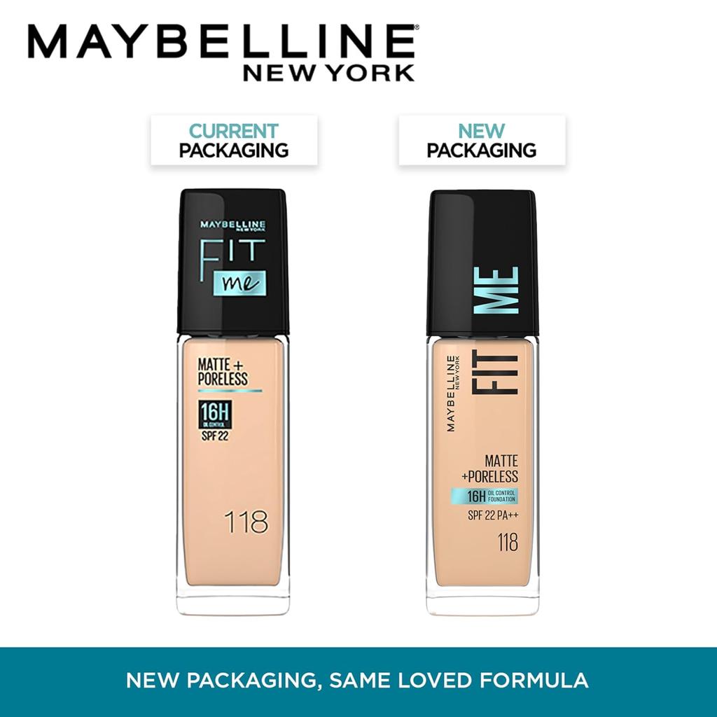 Maybelline New York Fit Me Matte Poreless Foundation 118 Light Beige 30ml Oil Control SPF 22 Natural Matte Finish Liquid Makeup