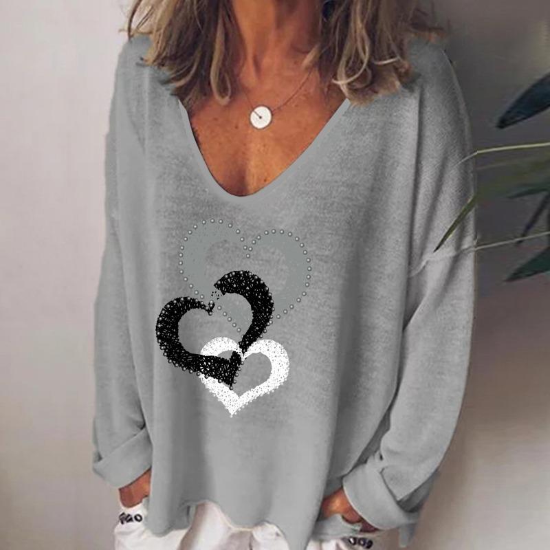 Women S V Neck Long Sleeve Heart Print Loose T Shirt