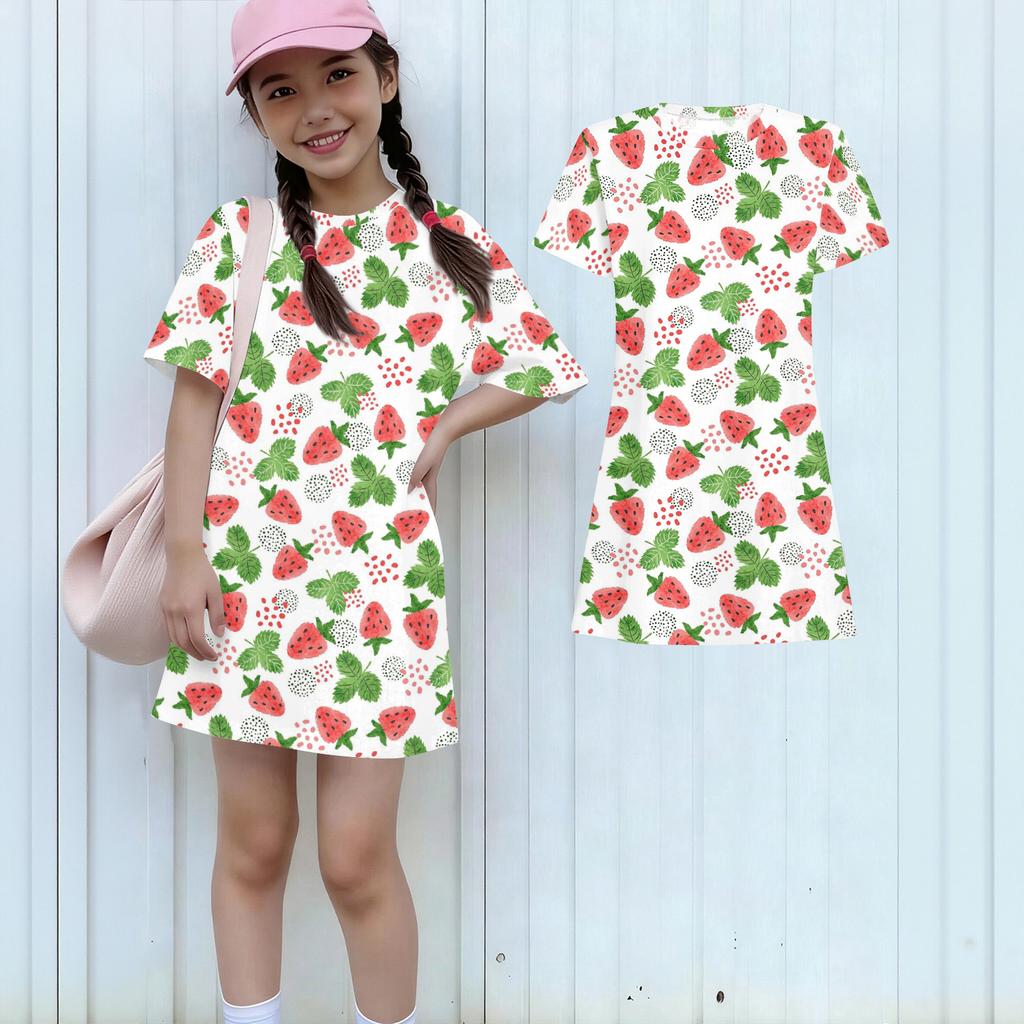 Girls Print Casual Dress Kids Loose Round Neck Short Sleeve Thin Sundress