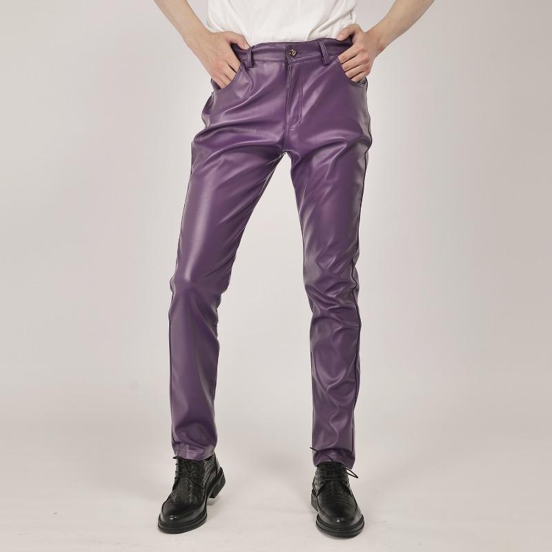 Pantaloni Lunghi Casual da Uomo Elasticizzati Slim Fit Sottili in Vera Pelle PU Monocolore