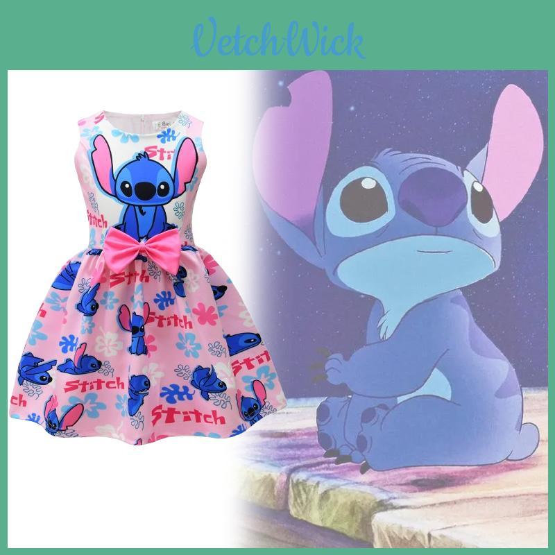 Lilo Stitch Girl Dress With Cotton Blend Fabric And Cartoon Pattern For Kids Ages 3 To 8