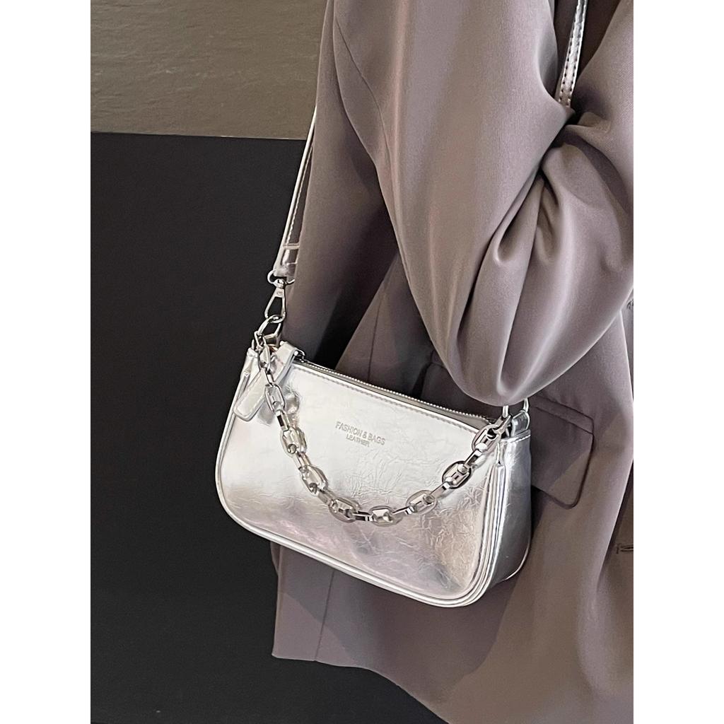 Premium Pearlescent Silver Small Bag Women's 2025 New Popular Versatile Shoulder Mahjong Bag Underarm Bag Messenger Bag