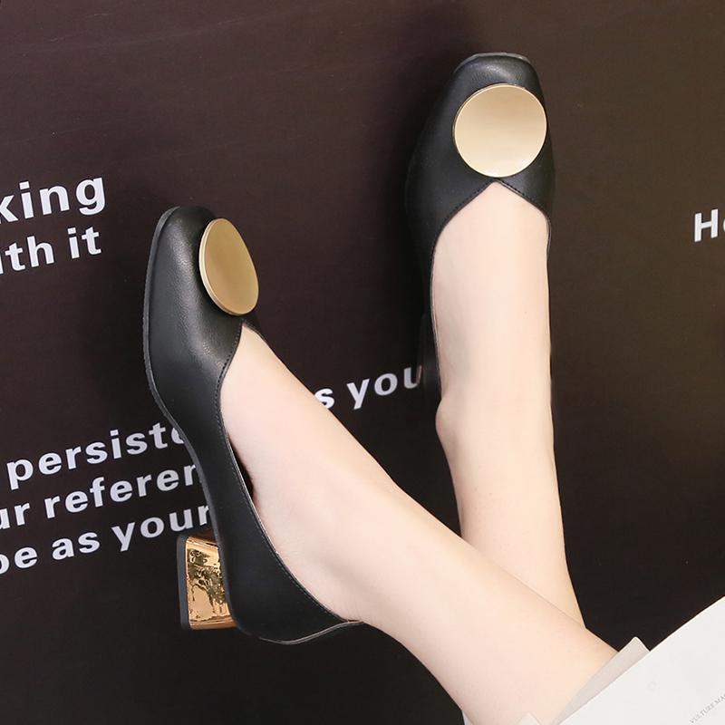 Fashion Plus Size 35-42 Women Dress Shoes Square Toe Medium Heels Pumps Gold Heels Shoes Woman Round Metal Boat Shoes Low Heels