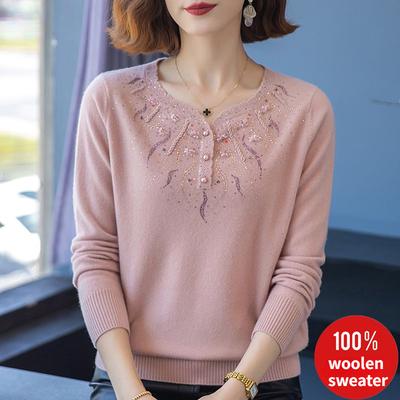 Outono/inverno Tricot de Caxemira Feminino Bordado Strass Suéteres Plus-size Pulôver Solto Suéter de Lã