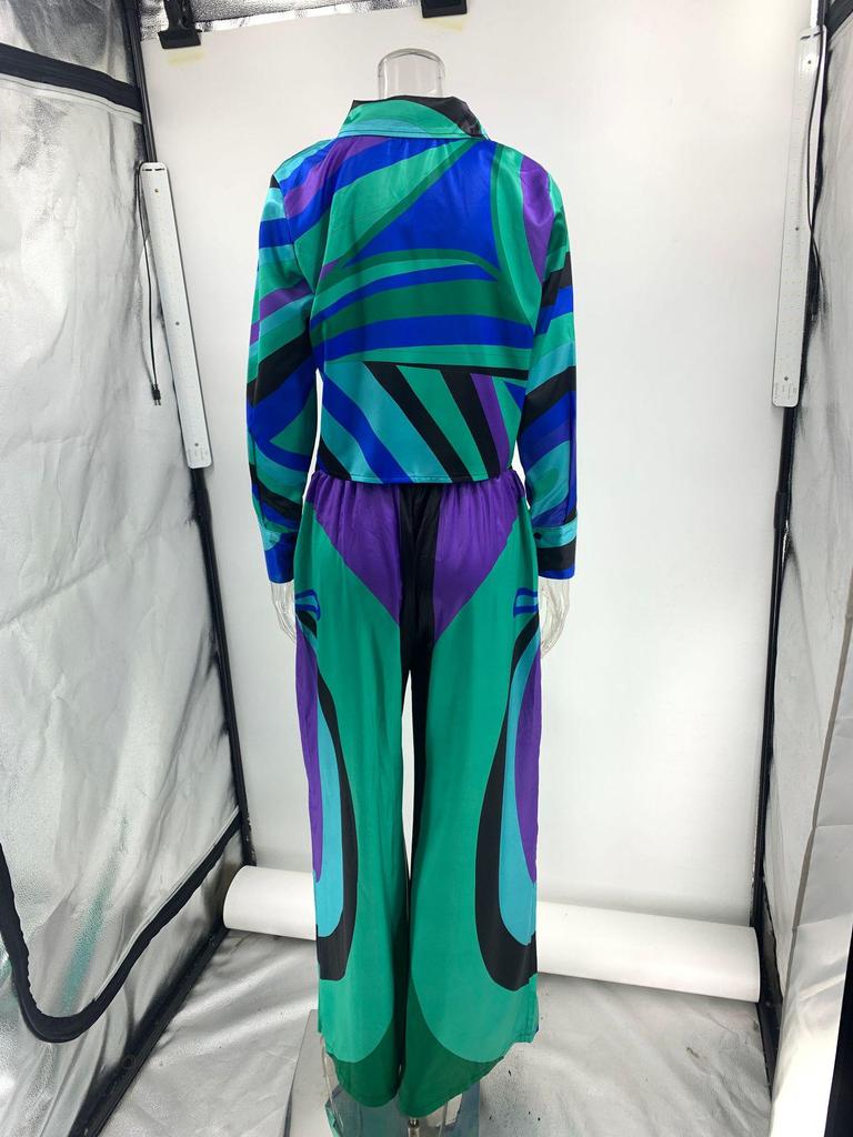 European & American Printed Satin Shirt and Wide-Leg Trousers Set