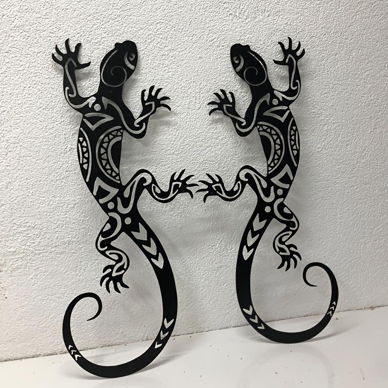 2pcs Metal Gecko Lizard Art Sculpture, Waterproof Hanging Wall Decor for Outdoor Garden Patio Yard Home Decoration