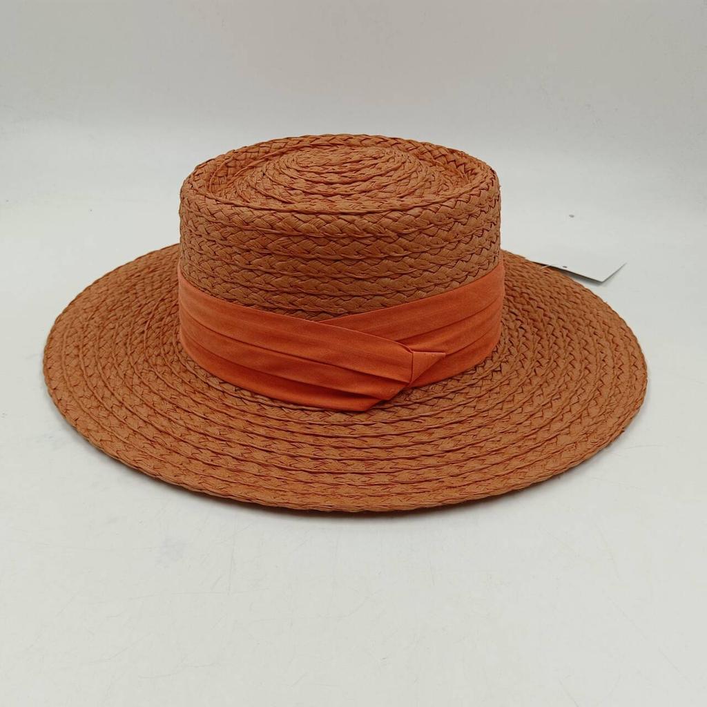 New Flat Top Straw Hat Belt Accessories Leisure Summer Sunscreen Hat Women'S Fashionable Beach Boater Hat Gifts