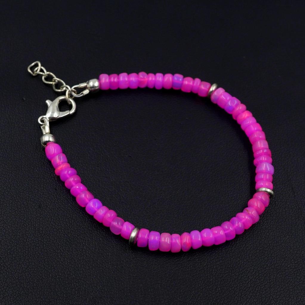 Natural Pink Opal Roundel Beads Bracelet, Ethiopian Multi Fire Gemstone Gift