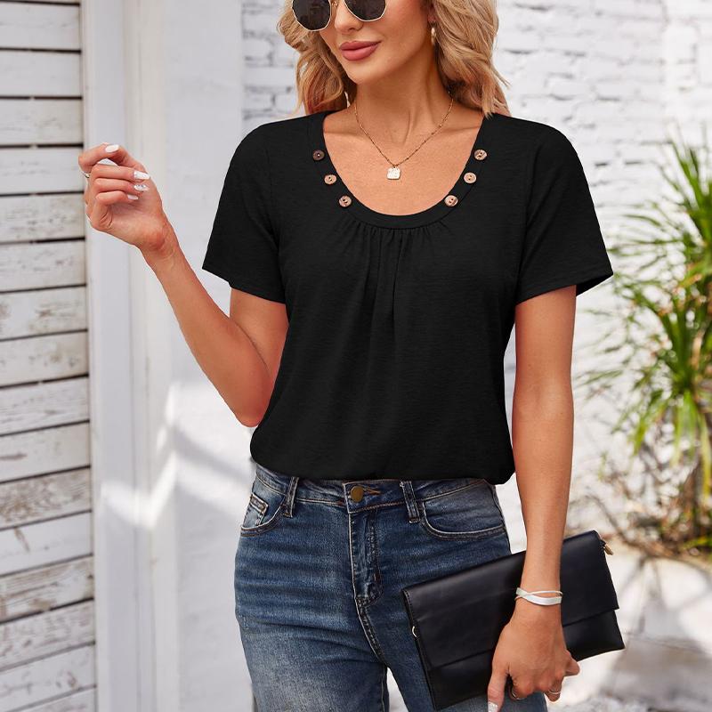 Women's Square-neck Top Pleated Solid Color Loose Button T-shirt