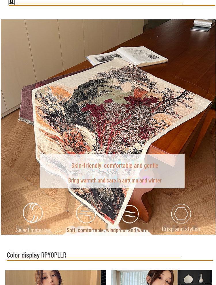 Ethnic Style Landscape Oil Painting Scarf - Autumn/Winter Fashion for Female Students, Warm Imitation Cashmere Shawl