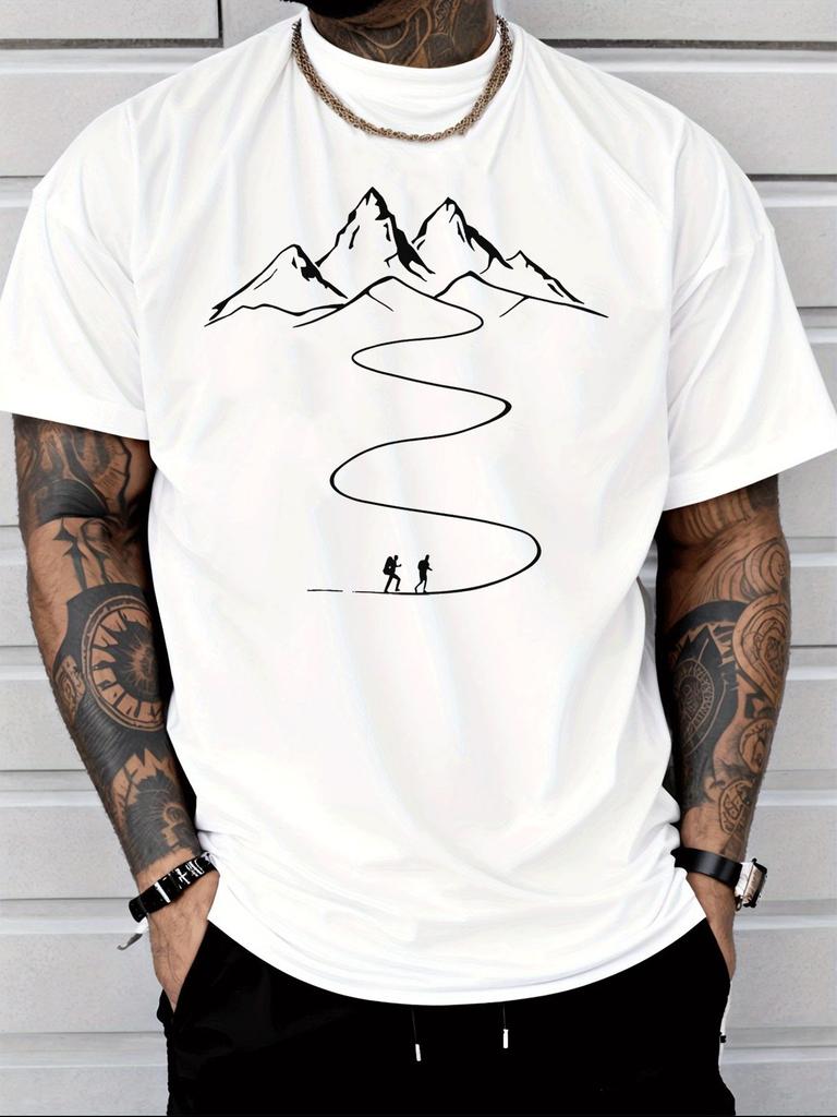 Unisex White Crew Neck Tee Mountain Hiker Line Print Loose Oversized Short Sleeve Unisexs Streetwear Summer Casual Basic Top