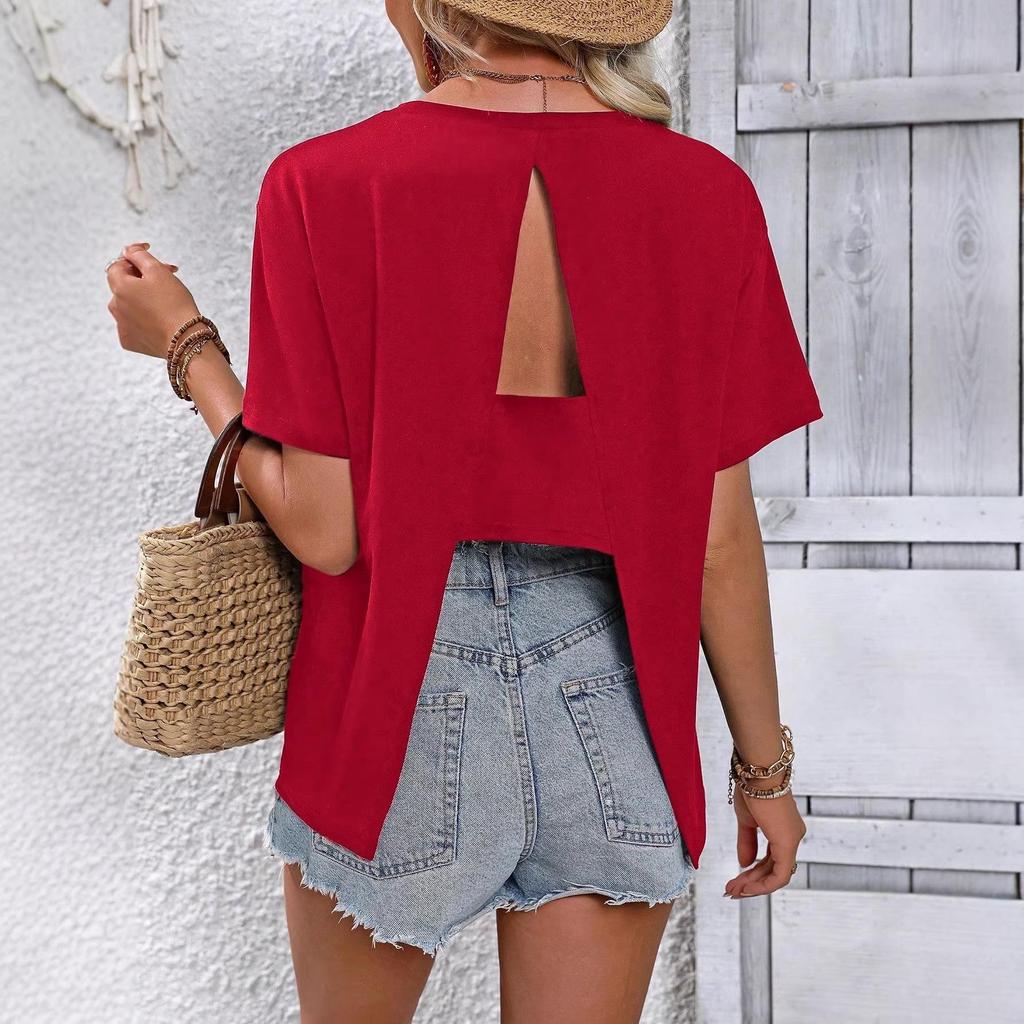 Women's Solid Color Round Neck Short Sleeve Casual T-shirt with Back Slit