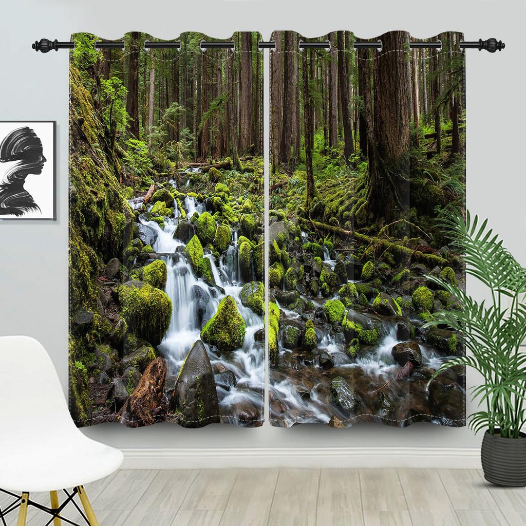 2pcs/set Blackout Curtains Sunny Forest Natural Green Space Landscape Polyester Window Bedroom Kitchen Home Interior Curtains