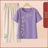 Summer Embroidered Two-Piece Home Set for Mature Women - Thin Cotton & Linen
