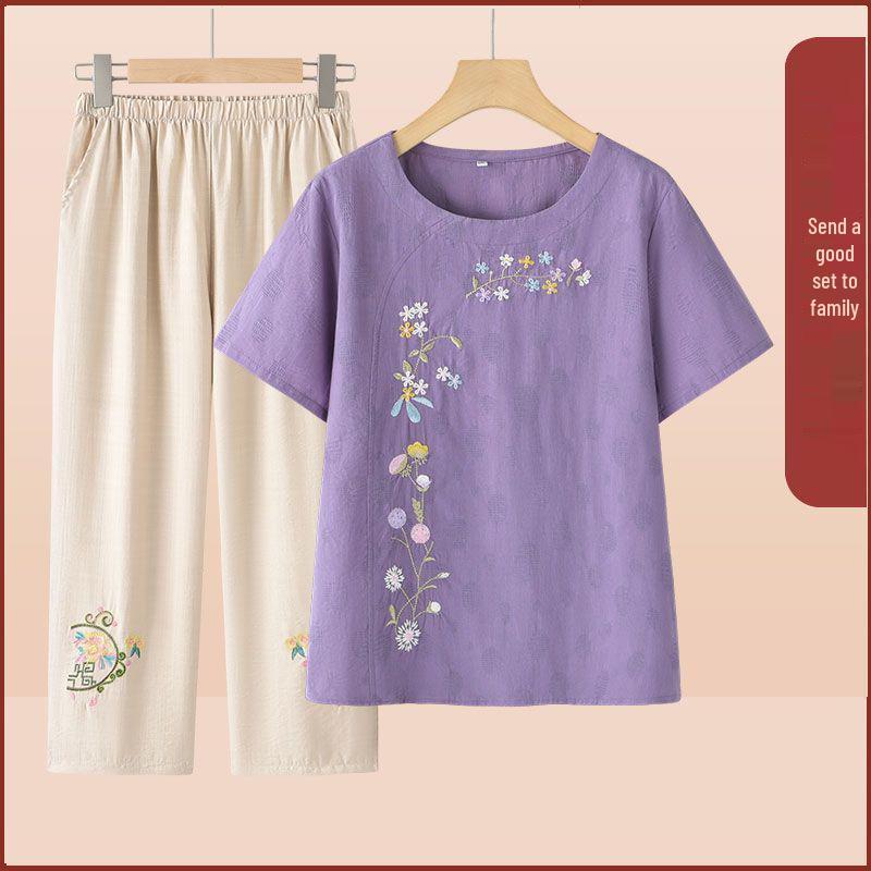 Summer Embroidered Two-Piece Home Set for Mature Women - Thin Cotton & Linen